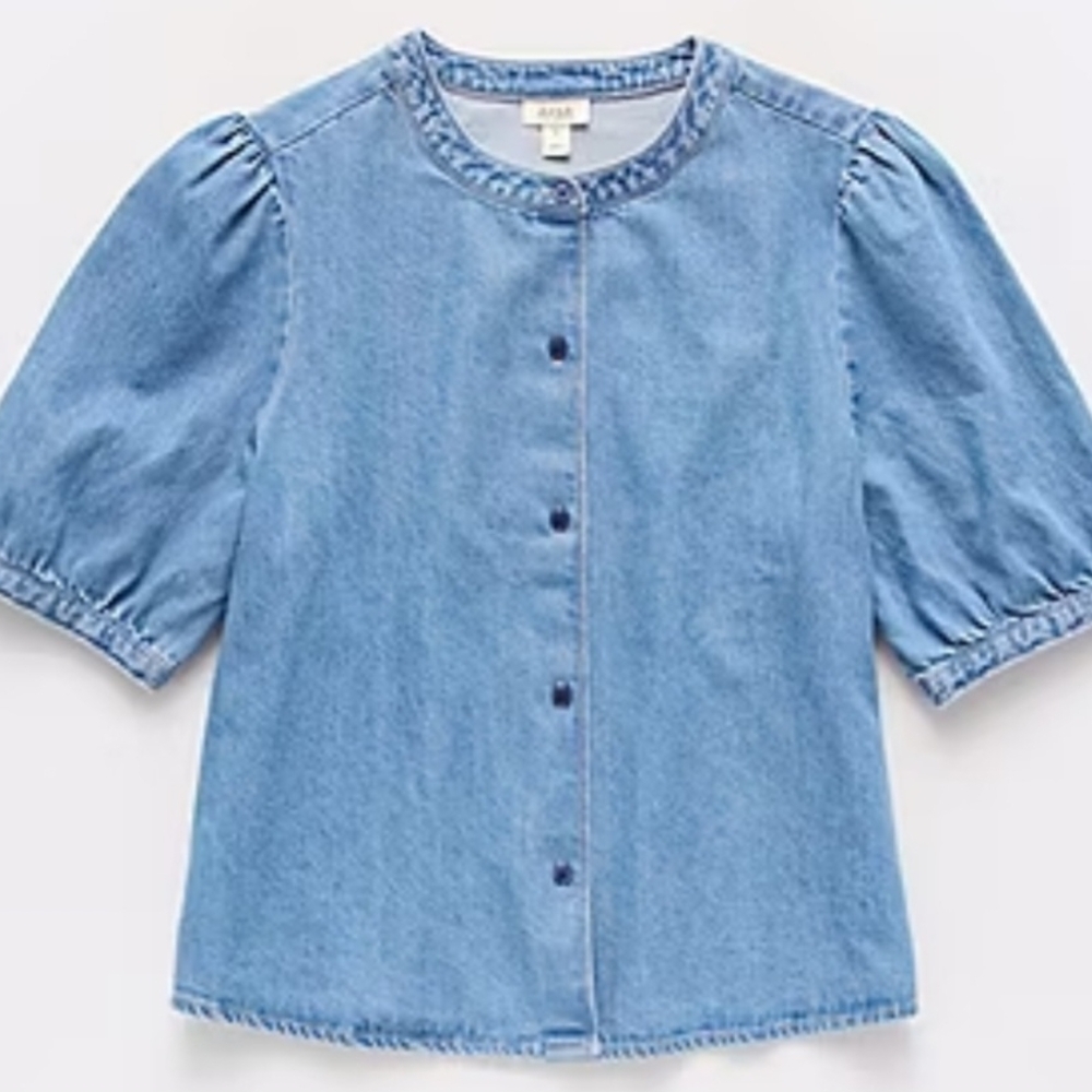Women Denim Crew Neck Elbow Sleeve Blouse, Size: Large